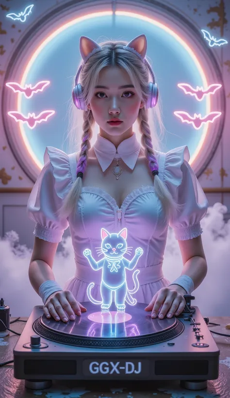 Full Color, (transparency:2.0), Girl's body faces the audience ,She wears light-emitting headphones🎧, wearing a maid costume on the bench,The background wall has a glowing aperture,Close shot,
rest Ultra-realism, Detailed Realistic Skin Textures , det...