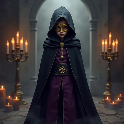 Secret signs of the Masons: a mysterious boy in a long black and purple cloak and a golden mask in close-up, large expressive eyes, commanding gaze of sfumato, candles, candelabra, light grunge, smoky gray-black watercolor background, high detail, high res...