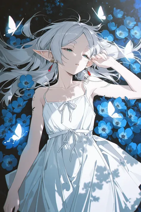 1girl, frieren, rella, konya karasue, z3zz4, blue flower, messy hair, tree shade, dappled sunlight, white sundress, half-closed eyes, sleepy, parted lips, solo, cowboy shot, expressionless, pointy ears, elf, earrings, parted bangs, grey hair, thick eyebrow...