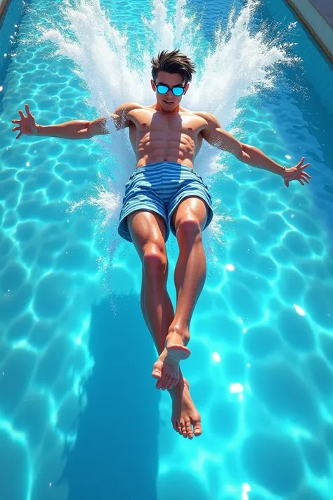 Swimming: Ajo in a mid-air jump pose diving into a swimming pool with dynamic water splashes, wearing blue swimming goggles and striped swimming trunks.