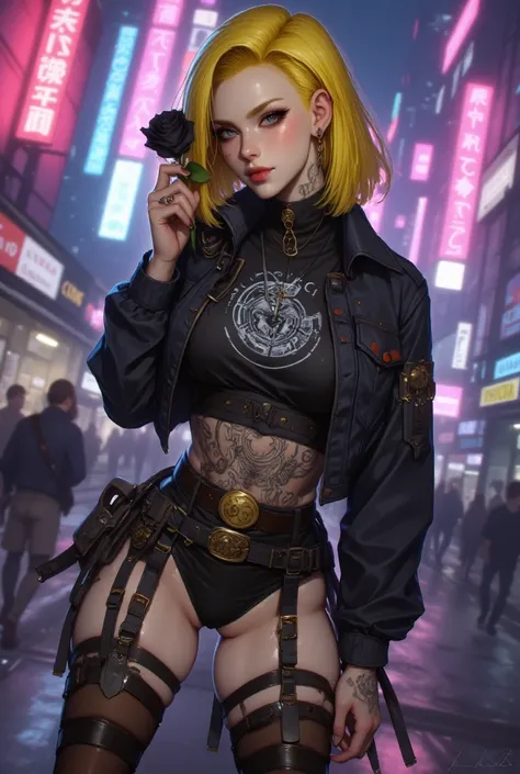 cinematic visuals of a beautiful cyberpunk android 18 yellow hair tattoos, gothic cyberpunk outfit, sharp gaze, full body, sexy legs seducive holding black rose flower, in neon cyberpunk city, best quality,4k,8k,highres,masterpiece:1.2,uudio lighting,ultra...