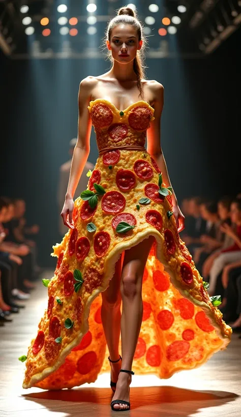 A beautiful female model with a glowing complexion walks the catwalk, wearing an extraordinary pizza-inspired dress. The outfit is carefully designed with golden crust elements, melted cheese draping like silk, and fresh basil leaves for decoration. Her co...