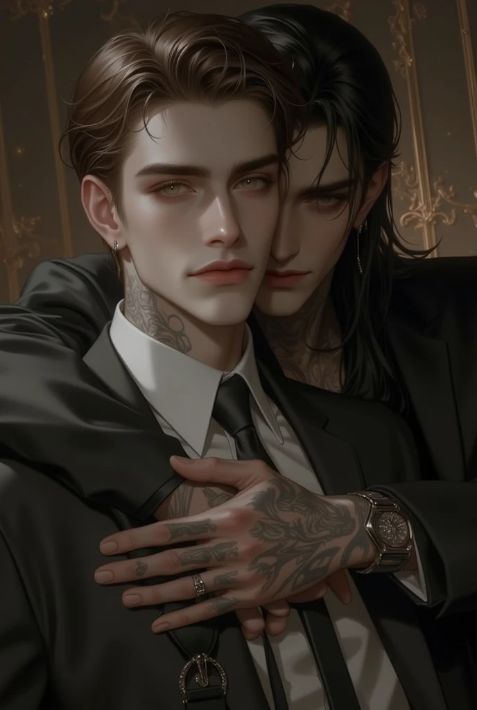  mature man, handsome, With short wavy brown hair, elegant gray suit, Another mafioso man with tattoos long black hair backwards hugging him from behind in a casual half-open black suit and golden eyes,  Dark romance , boys love, Front pose ,