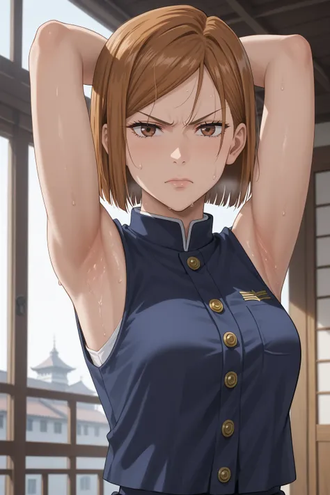 8k, ultra_quality, jujutsu kaisen, kugisaki nobara, jujutsu uniform, sexy, sleeveless, best_quality, masterpiece, detailed_outfit, girl, woman, beautiful, short hair, brown hair, anime, upper_body, looking_at_viewer, arm_up, one_arm_up, arm_behind_head, ar...