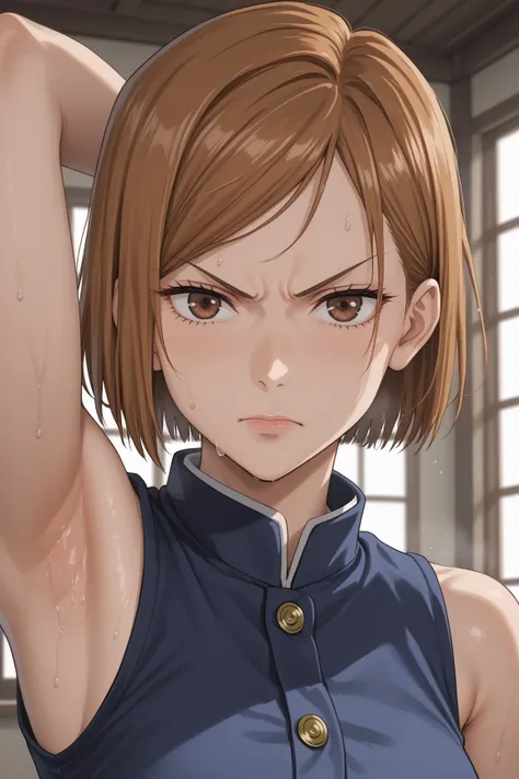 8k, ultra_quality, jujutsu kaisen, kugisaki nobara, jujutsu uniform, sexy, sleeveless, best_quality, masterpiece, detailed_outfit, girl, woman, beautiful, short hair, brown hair, anime, upper_body, looking_at_viewer, arm_up, one_arm_up, arm_behind_head, ar...