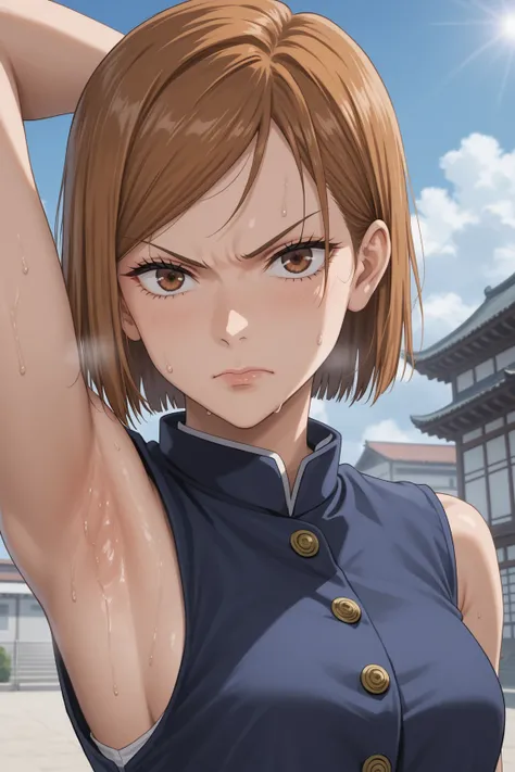 8k, ultra_quality, jujutsu kaisen, kugisaki nobara, jujutsu uniform, sexy, sleeveless, best_quality, masterpiece, detailed_outfit, girl, woman, beautiful, short hair, brown hair, anime, upper_body, looking_at_viewer, arm_up, one_arm_up, arm_behind_head, ar...