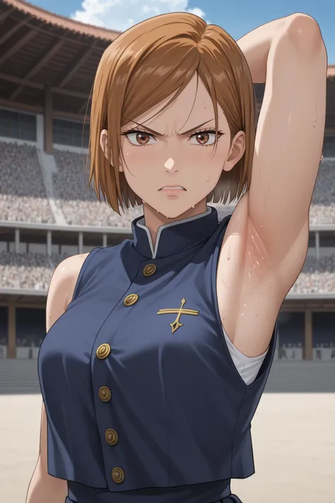 8k, ultra_quality, jujutsu kaisen, kugisaki nobara, jujutsu uniform, sexy, sleeveless, best_quality, masterpiece, detailed_outfit, girl, woman, beautiful, short hair, brown hair, anime, upper_body, looking_at_viewer, arm_up, one_arm_up, arm_behind_head, ar...