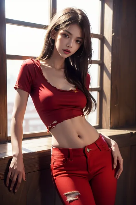 8K, UHD, Masterpiece:1.5, young girl, ((glossy skin)), good face, detailed eyes, very long hair, small breasts, (((torn red jeans))) ((red t-shirt)), ((bare breasts)), (((navel))), in the balcony, ((tyndal effect)),