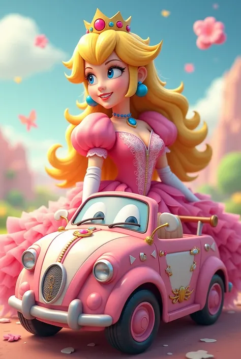 Princess Peach Rosa character in a happy profile car 