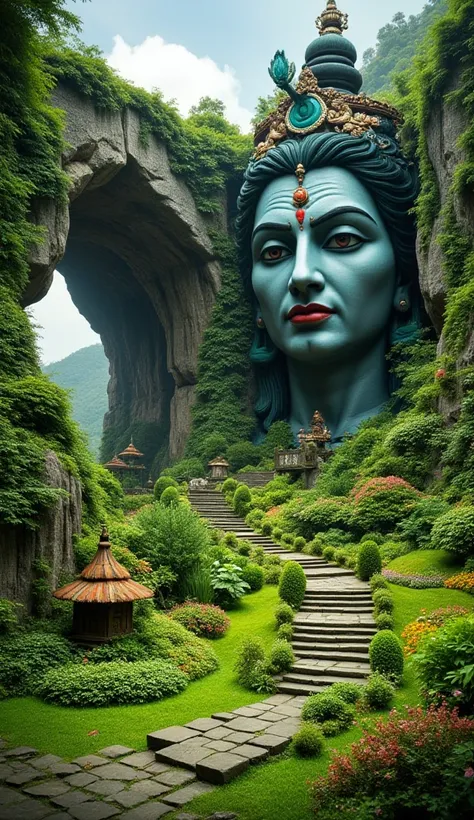 
Garden on the island shaped like the  large face of Lord shiva parvati HDR lips red  side large cave high rock 

