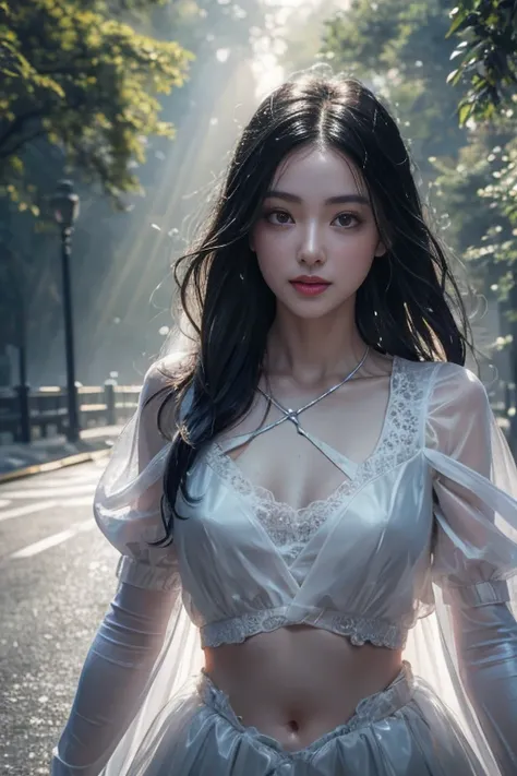 8k, masterpiece, 1 girl, beautiful face, very long hair, light makeup, (glossy skin), detailed eyes, detailed lips, small bust, fantasy clothing, blowing wind, ((black clothing)), ((long petticoat)), ((navel)), light clothing, ((fog)), ((at the road)), ((w...