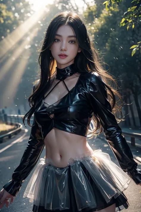 8k, masterpiece, 1 girl, beautiful face, very long hair, light makeup, (glossy skin), detailed eyes, detailed lips, small bust, fantasy clothing, blowing wind, ((black clothing)), ((long petticoat)), ((navel)), light clothing, ((fog)), ((at the road)), ((w...