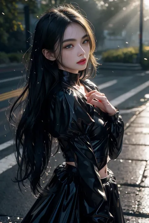 8k, masterpiece, 1 girl, beautiful face, very long hair, light makeup, (glossy skin), detailed eyes, detailed lips, small bust, fantasy clothing, blowing wind, ((black clothing)), ((long petticoat)), ((navel)), light clothing, ((fog)), ((at the road)), ((w...