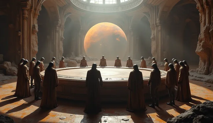 a group of aliens standing around a large circular table, a detailed matte space by  on planet of space , digital art, depicted as a scifi scene, scene from the movie prometheus, in a scifi movie, film still from fighting on the stage

