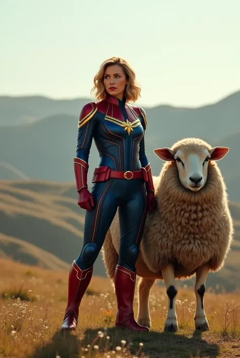 /imagine prompt: A stunning wide shot of Captain Marvel standing alongside a majestic sheep, depicted in realistic detail as if captured by a Sony A1 camera in 4K resolution. Captain Marvel stands confidently, her iconic suit gleaming under the light, show...