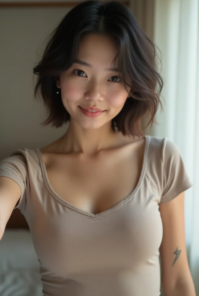  A young Asian girl of approximately 18 years taking a selfie. She has dark eyes ,  big boobs,  short hair and a delicate face with Asian features .  Her expression is slightly provocative ,  with a subtle smile and an enveloping and warm look.  She wears ...