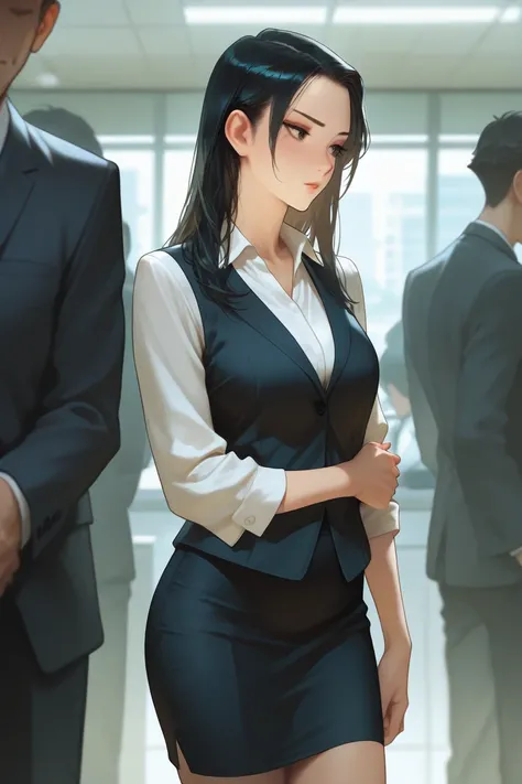 Office lady, Sophisticated, calm looking, pitchblack hair, slender, tired looking