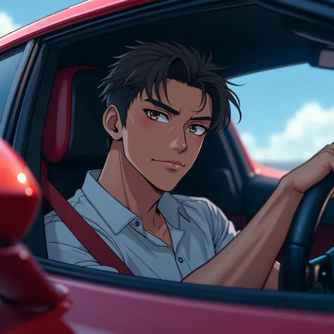 Close-up of the anime hunk with piercing eyes and a devil-may-care smirk, leaning back confidently in the sports car, one hand casually gripping the wheel.