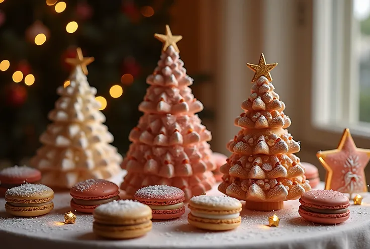 （ Masterpiece、   high quality  、   high image quality、８hair、   Details）、 Christmas tree made by stachairing カラフルなmacarons、Table decorated with star-shaped sugar candy   、 ginger coohairie decorations 、   Christmas Ornaments  、    ROMANTIC ATMOSPHERE  、   P...