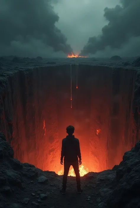 "A deep, dark pit opening in front of a young man, revealing the infernal realm beneath. The surroundings are filled with fiery cracks, smoke rising from the abyss, and an overwhelming sense of dread."