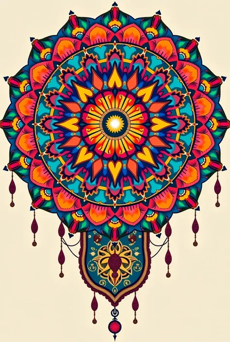 Create a detailed mandala design with symmetrical patterns and vibrant colors, ideal for a peaceful, bohemian-inspired t-shirt graphic."