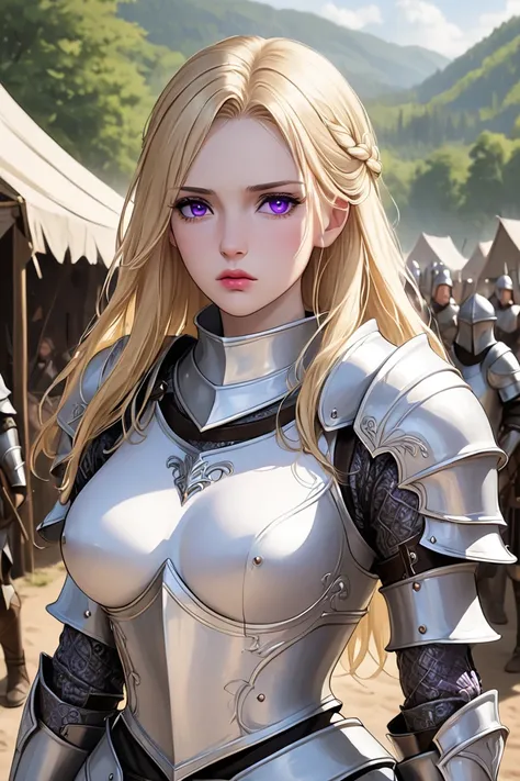 (masterpiece, best quality, 8k, high definition), whole body, 1 woman, white skin, long blonde hair, mid-chest, violet eyes, soft lips, beautiful face, natural light, detailed background, detailed illustration art, wearing sensible white/black fantasy armo...