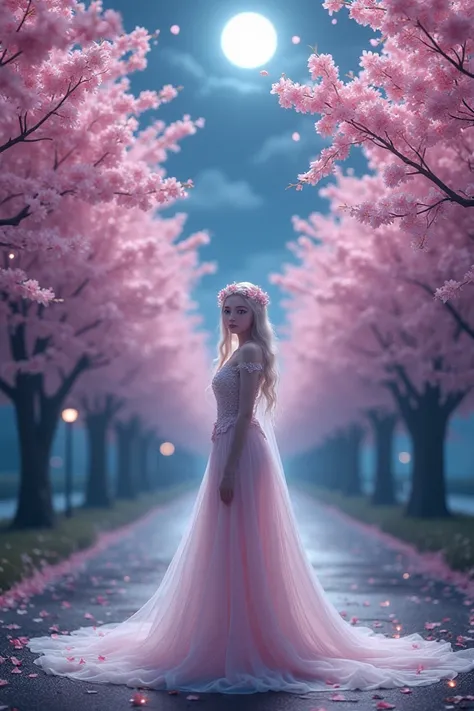 A beautiful death goddess on a holiday at night in a street full of sakura trees in bloom. Magical