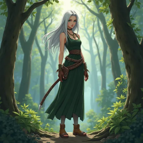 anime beautiful style Seraphine's she has pale skin, silver hair and green eye, her attire is designed with functionality in mind, blending the practicality of a seasoned hunter with an air of dark elegance. She wears a fitted, sleeveless tunic made from w...