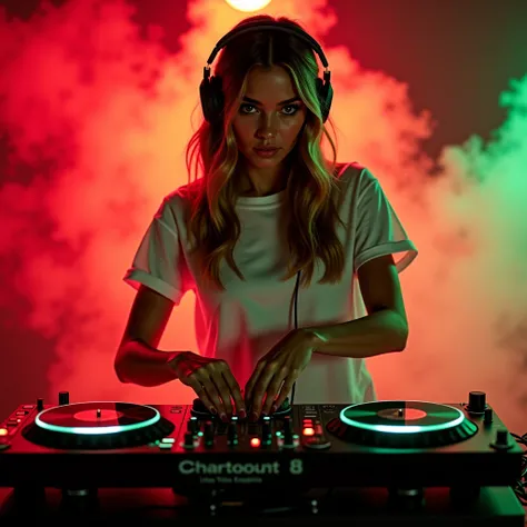 1 beautiful female DJ with turntable and headphones, wearing plain t-shirt, neon red and green background, centered composition, (best quality,4k,8k,highres,masterpiece:1.2),ultra-detailed,(realistic,photorealistic,photo-realistic:1.37),studio lighting,ext...