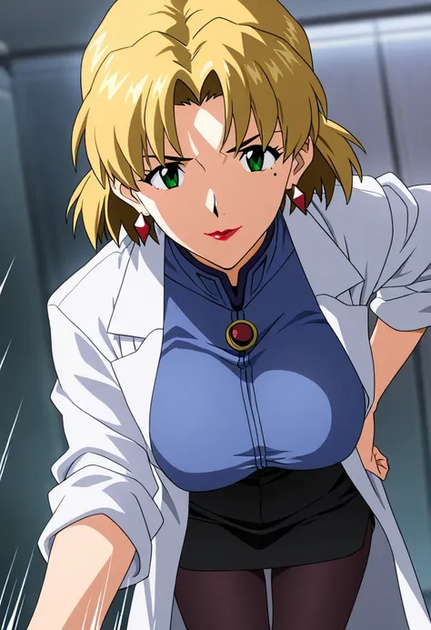 motion line、 Anime Coloring 、 Neon Genesis Evangelion、 Masterpiece、 high quality、 high image quality、 pretty finger、 detailed face、Big Breasts、Akagi Ritsuko il,mole under eye,mole,green eyes,blonde hair,short hair、labcoat,lipstick,black pantyhose,miniskirt...