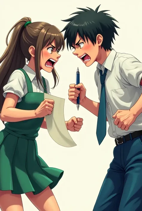 A girl and a boy are aggressive to fight. Girl wears school dress which is green and the boy wears also school dress which is white shirt and blue full pant. The girl hold a paper which she wants to throw. The boy holds a pen which he also wants to throw. ...