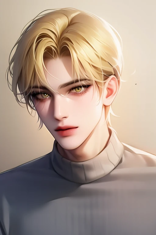 boy, blond hair, yellow eyes, strong facial features, fair skin, gray sweater