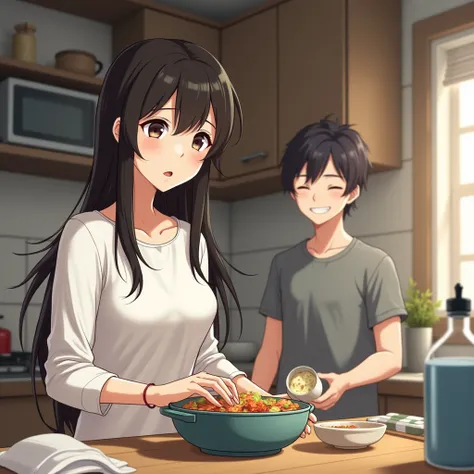  [Monica Cooking for Adam]
An anime-style kitchen scene where Monica Liu, a beautiful but emotionless young woman with long dark hair, is cooking a meal. In the background, Adam Tang, a cheerful and oblivious young man, is smiling, unaware of Lou’s sufferi...