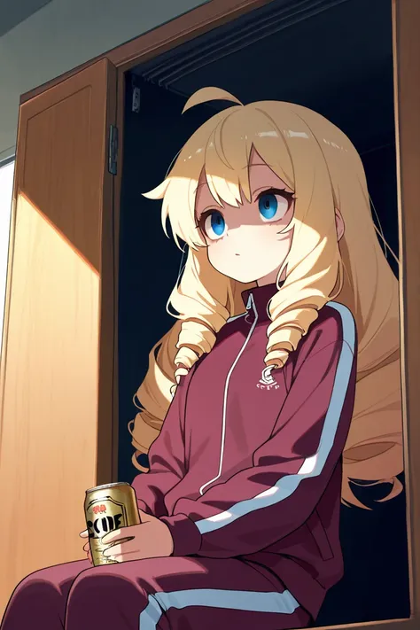 ( score_9, score_8_up, score_7_up ), ultra-detailed, detailed face, 

Solo, a girl, blonde, long hair, drill hair, ahoge, blue eyes, slant eyes, narrow eyes, wearing maroon long sleeves sportswear and long pants sportswear, 

sitting, holding a Canned beer...