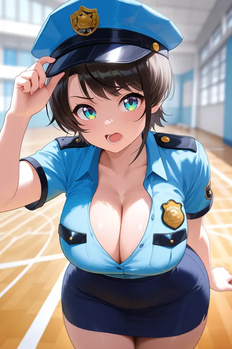 masterpiece, best quality, ultra-detailed, illustration, colorful, 1girl, anime, looking at viewer, school, school gym, oozora subaru, sexy police uniform, large breasts, curvy, thin waist, wide hips, skirt, kneesocks, jumping up, cleavage  detailed skin t...