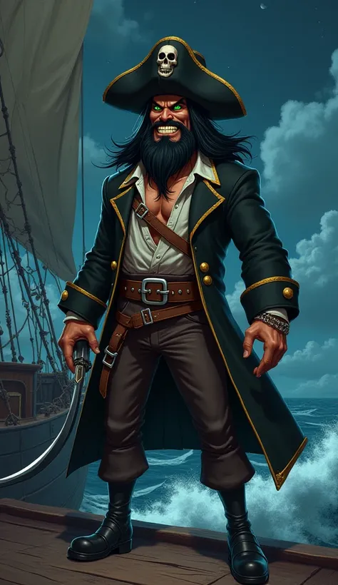 The 3d-style digital illustration features Captain Irontooth, a fierce-looking pirate, standing in an intimidating stance on the deck of a rickety wooden pirate ship. Captain Iron Teeth has long, shaggy black hair, sharp green eyes, and a thick beard that ...