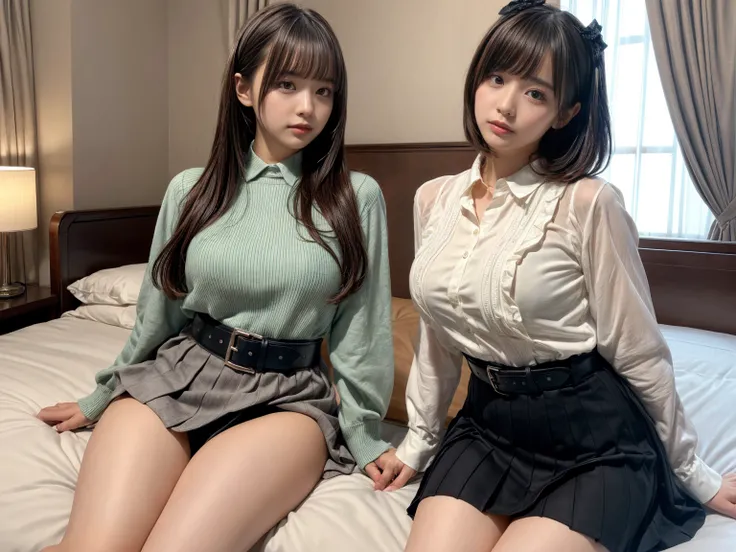 muste piece, best quality, illustration, Super detailed, fine details, High resolution, 8K,wall paper, perfect dynamic composition,(Details High quality, realistic depiction of eyes:1.3), (2 girls), (Fashionable, a belt black suspenders, Aside Cutter Shirt...