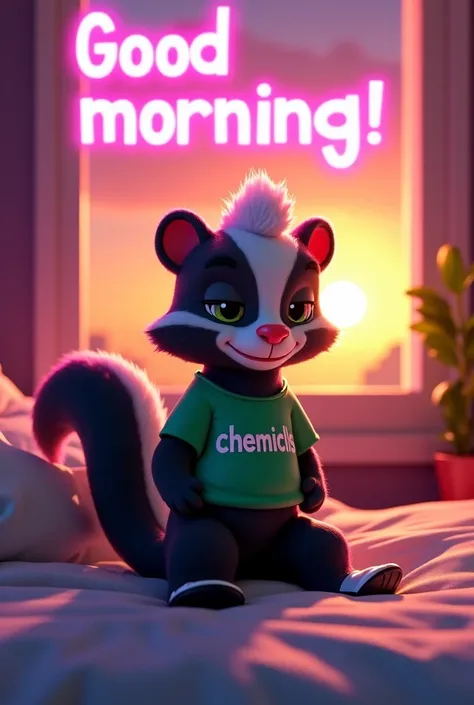  Create a 3D anime style image of a skunk with pajamas, black pants, white slippers and green t-shirt with the text "chemicals",  the skunk is waking up in a very comfortable bed, Through the window you can see a beautiful sunrise , In the upper part of th...