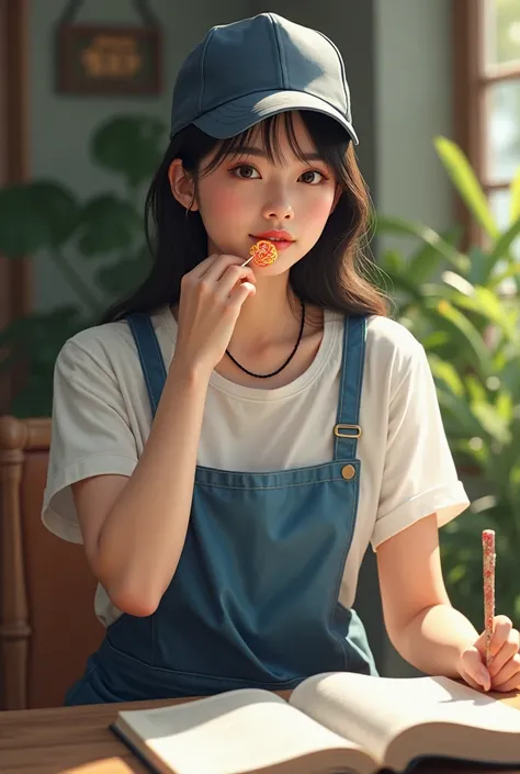 A beautiful young Korean woman poses wearing a white T-shirt , blue apron,black necklace and trousers, wearing a snap back hat , Sit Down.Lafar behind a copy while holding a colorful lollipop 