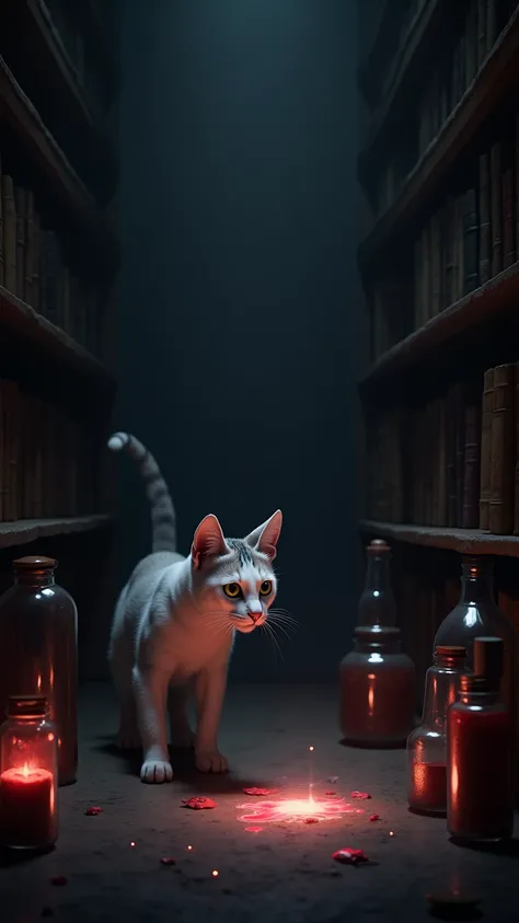 A  male cat expresses curiosity, sniffing the air, a room full of medicine and spell books, realistic style, the cat knocks over a medicine bottle, spilling its saliva.