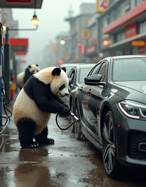 masterpiece, best quality, photorealistic, realistic, photography, Pandas washing cars at gas stations