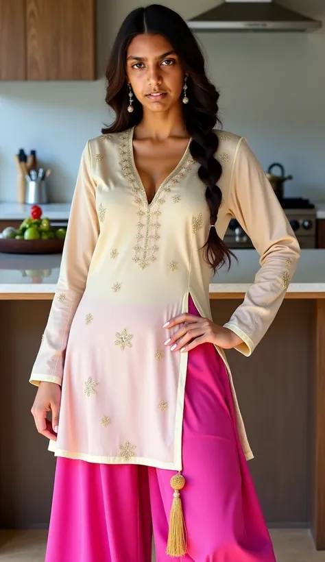 Full shot of Kim Kardashian dressed in a traditional Punjabi salwar kameez. 


She is standing, and her posture is confident, with hands on her hips. She is light-skinned and has shoulder-length, dark brown hair styled in a long braid that falls down her b...