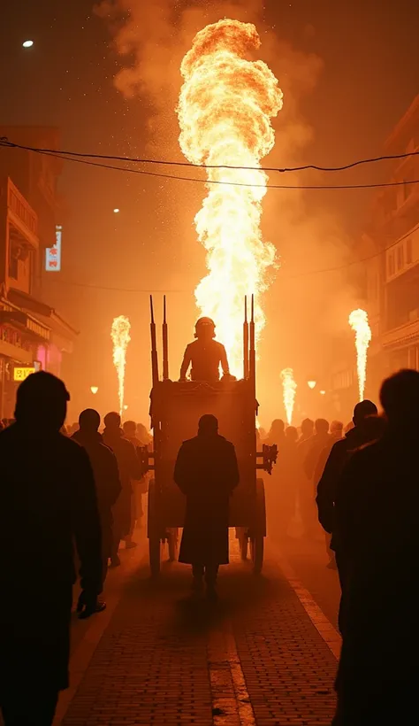 spell：
The sedan chair procession was carried out on the traditional streets of Taiwan, moving slowly forward surrounded by many tourists and the residents. People rushed towards the fire fully armed, wearing full-face helmets, heavy clothing (cotton jacke...