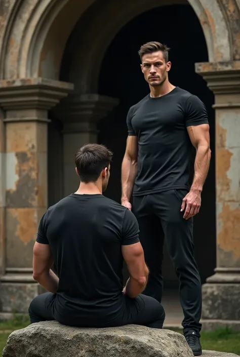  Two handsome muscular men,  one is facing the camera ,  with the other with his back to the camera, one is sitting on a rock , wearing black t-shirts ,  against the background of an old architectural structure