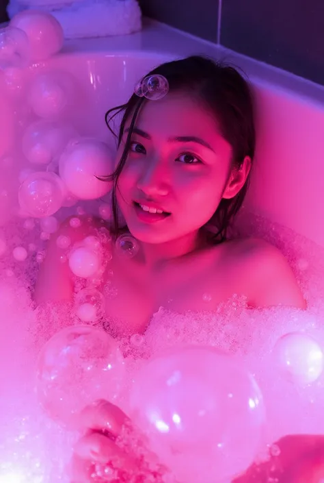 The image is visible in a large bathtub with foamed women's upper body.  It is full of large bubbles like soap bubbles and small bubbles.  She is playing with bubbles with a happy expression.  Her body is illuminated by pink light from inside the bathtub