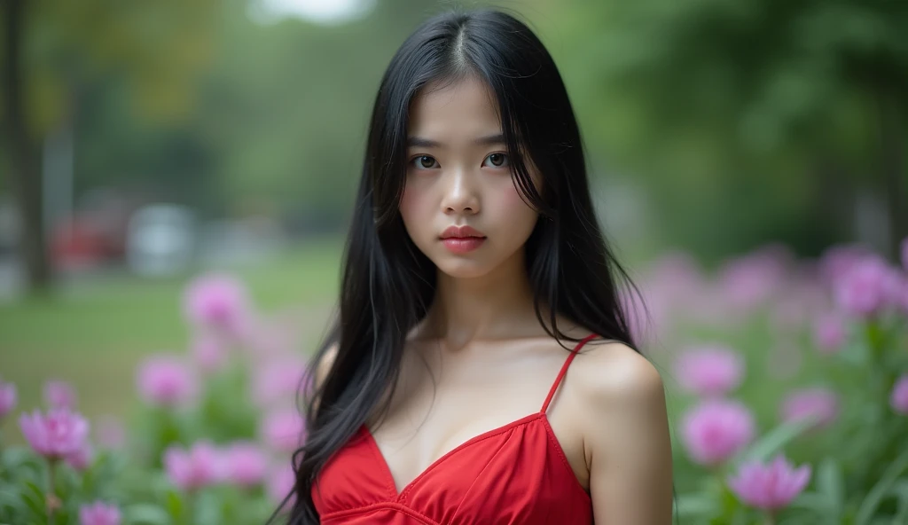 young  beautiful asian indonesian white skin big boob, not to skinny girl black hair using red dress with sad face shot from front, close up setengah badan agak ke bawah, background park with purple flower