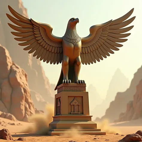 Une statue d'un aigle royal qui ressemble à celle d'un pharaon de l'Égypte ancienne. Autour il y a une tempête de sable.