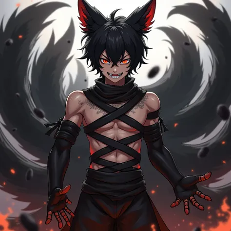 (solo mature male:1.2), (black short hair:1.2), (black fox ears), (black bandage on chest:1.3), (black bandage on arms:1.25), (black smoke around:1.1), (lale skin), (corrupted black hands:1.1), (nine tails:1.15), (black fox tails:1.2), (angry), (flaming re...