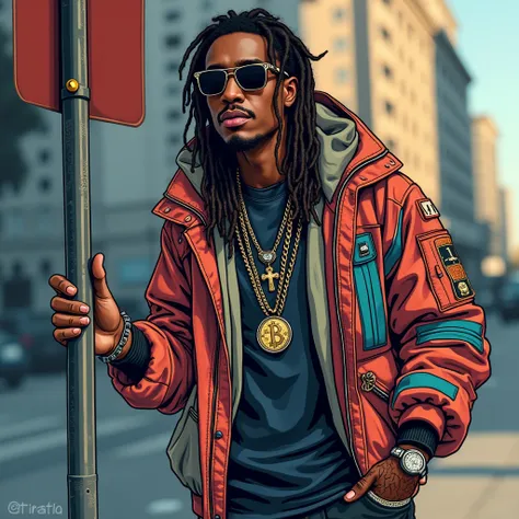 graphic design and illustration of a person standing on the sidewalk, seen next to a road sign post, looking stylish, in his hand you can see a black coin which is slightly glowing giving an exclusive impression, the person has dreadlocks, is wearing eccen...