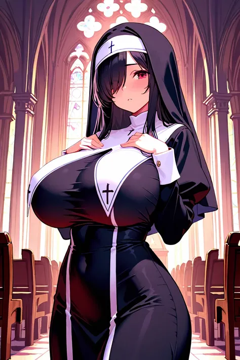 8k,masterpiece, best quality, ultra detailed, high resolution, super fine illustration, 1girl, solo, red eyes, black hair,long hair,sidelocks, hair over one eye,huge breasts,nun costume, veil,hands on own chest, cowboy shot,looking at viewer, church,